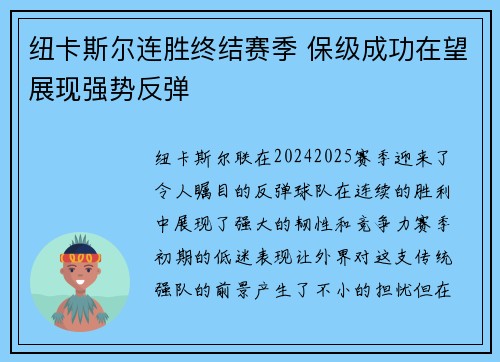 纽卡斯尔连胜终结赛季 保级成功在望展现强势反弹